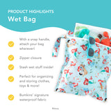 Bumkins Wet Bag highlights—a snap handle, zipper closure, stash wet stuff inside, perfect for organizing, Bumkins' signature waterproof fabric.