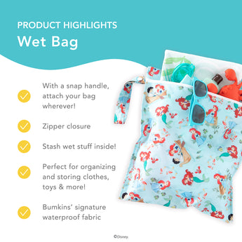 Bumkins Wet Bag highlights—a snap handle, zipper closure, stash wet stuff inside, perfect for organizing, Bumkins' signature waterproof fabric.