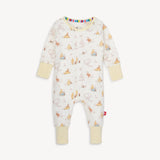 Magnetic Mes Magnetic, Coverall Moments w/Friends: white baby onesie with animal prints & yellow cuffs in eco-friendly TENCEL™ modal.