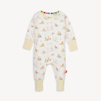 Magnetic Mes Magnetic, Coverall Moments w/Friends: white baby onesie with animal prints & yellow cuffs in eco-friendly TENCEL™ modal.