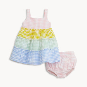 Multi Gingham Woven Dress: pink, yellow, green, & blue gingham sleeveless dress with pink gingham bloomers; made of 100% cotton.