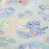 Close-up of water droplets on a Bumkins Snack Bag 4 Pack: Stitch Star-ring Up Trouble.