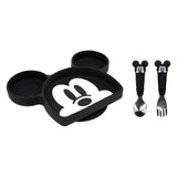 Bumkins Essential Mealtime Set, Mickey Mouse features a Mickey-shaped black plate made from food-safe platinum silicone and matching utensils.