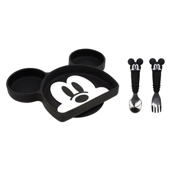 Bumkins Essential Mealtime Set, Mickey Mouse features a Mickey-shaped black plate made from food-safe platinum silicone and matching utensils.