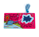 Jellycats If I Were an Elephant touch and feel book shows an elephant by water with a fluffy blue tail accent, squirting joyfully.