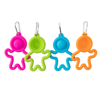 Lil Dimpl Keychain by Fat Brain Toy Co has four silicone holders with hooks in pink, green, blue, and orange resembling stick figures!.