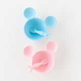 Bumkins Silicone First Feeding Set: Mickey Mouse Light Blue is shown sitting above a similar bowl on a white background.