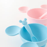 Bumkins Silicone First Feeding Set: Mickey Mouse Light Blue sits in front of another similar bowl on a white background.