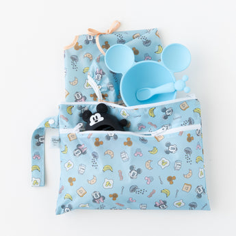 Bumkins On-The-Go Mealtime 5-Piece Set: Mickey + Minnie Mouse Sunny Side Up Blue is displayed on a white background.