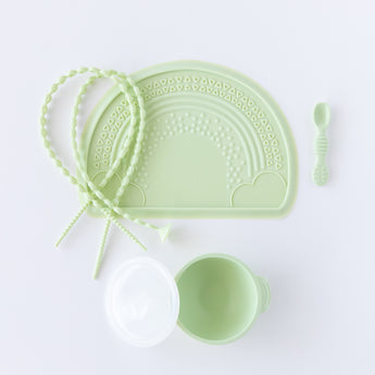 Bumkins Baby-Led Weaning Essential 6-Piece Set: Sage is neatly arranged on a white background.