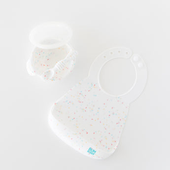 Bumkins Silicone Feeding 4-Piece Set: Vanilla Sprinkle rests on a white background.