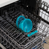 A bowl & spoon set from Bumkins First Foods Essential 5-Piece Mealtime Set: Blue Jelly sits in the top rack of an open dishwasher.