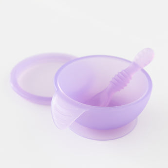 Bumkins Silicone First Feeding Set: Purple Jelly sits on a white background.