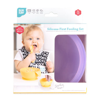 Bumkins Silicone First Feeding Set: Purple Jelly is shown in a white packaging box, with a clear window partially showing the bowl.