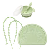 Bumkins Baby-Led Weaning Essential 6-Piece Set: Sage includes a green bowl, spoon, lid, placemat, and two accessory tethers.