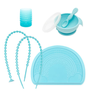 Bumkins Baby-Led Weaning Deluxe 7-Piece Set: Blue includes a blue bowl, spoon, lid, cup, placemat, and two accessory tethers.