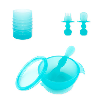 Bumkins First Foods Deluxe 6-Piece Mealtime Set: Blue Jelly includes a blue bowl, spoon, lid, toddler utensils, and cup.
