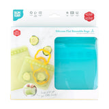 Bumkins Silicone Flat Reusable Bag 2 Pack, Sage is shown in a white packaging box with a clear front window partially displaying the bags.