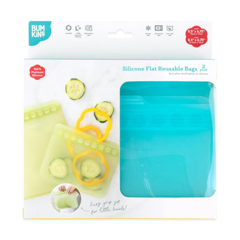 Bumkins Silicone Flat Reusable Bag 2 Pack, Sage is shown in a white packaging box with a clear front window partially displaying the bags.