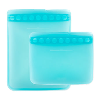 Bumkins Silicone Flat Reusable Bag 2 Pack, Blue includes two transparent bags with child-friendly closures, made from food-safe silicone.