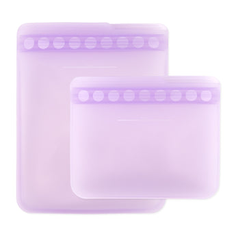 Bumkins Silicone Flat Reusable Bag 2 Pack, Lavender includes two silicone bags—one large, one small—with child-friendly leak-proof closures.