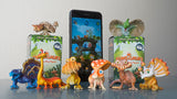 Vinyl figures with mushroom features surround a phone displaying the ARise app, with two collectible Fungisaurs Mystery Boxes behind.
