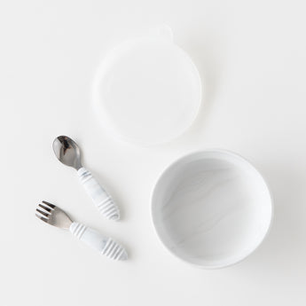 Bumkins Grip Bowl Essential 4-Piece Mealtime Set: Marble is neatly arranged on a white background.