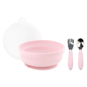Bumkins Grip Bowl Essential 4-Piece Mealtime Set in pink with matching fork, spoon, and a white lid behind the bowl.