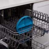 Open dishwasher with Bumkins Silicone Grip Dish: Dark Blue, ideal for toddler portions, neatly placed on the rack.