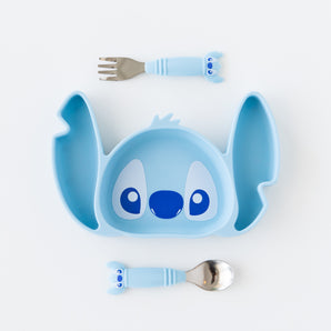 Bumkins Grip Dish Essential 3-Piece Mealtime Set: Disney Stitch is neatly arranged on a white background.