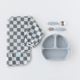 Bumkins On-The-Go Mealtime 6-Piece Set: Charcoal Check + Grey lays flat on a white background.