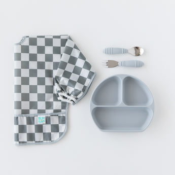 Bumkins On-The-Go Mealtime 6-Piece Set: Charcoal Check + Grey lays flat on a white background.