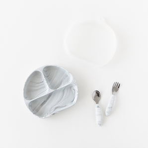 Bumkins Grip Dish Essential Toddler 4-Piece Mealtime Set: Marble is neatly arranged on a white background.