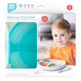 Bumkins Silicone Grip Dish: Blue Jelly in a white packaging box with a photo of a child and a clear window partially displaying the dish.