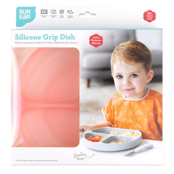 Bumkins Silicone Grip Dish: Pink Jelly in a white packaging box with a photo of a child and a clear window partially displaying the dish.