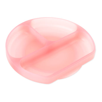 Bumkins Silicone Grip Dish: Pink Jelly is round with three sections, made of LFGB silicone, and has a suction base.