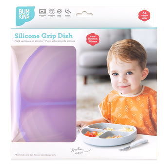 Bumkins Silicone Grip Dish: Purple Jelly in a white packaging box with a photo of a child and a clear window partially displaying the dish.