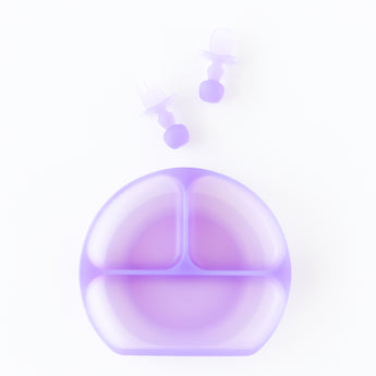 Bumkins Grip Dish Essential Infant 3-Piece Mealtime Set: Purple Jelly is neatly arranged on a white background.