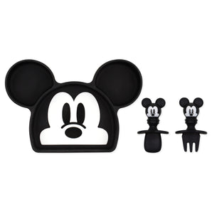 Bumkins Grip Dish Essential Infant 3-Piece Mealtime Set: Disney Mickey Mouse includes a Mickey-shaped plate and matching utensils.