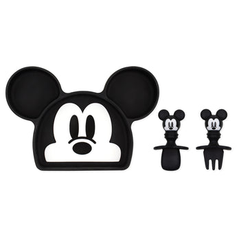 Bumkins Grip Dish Essential Infant 3-Piece Mealtime Set: Disney Mickey Mouse includes a Mickey-shaped plate and matching utensils.