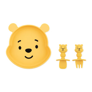 Bumkins Grip Dish Essential Infant 3-Piece Mealtime Set: Disney Winnie the Pooh includes a Pooh-shaped silicone plate and matching utensils.
