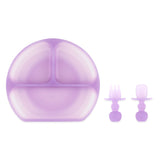 Bumkins Grip Dish Essential Infant 3-Piece Mealtime Set: Purple Jelly includes a purple silicone dish and purple toddler utensils.