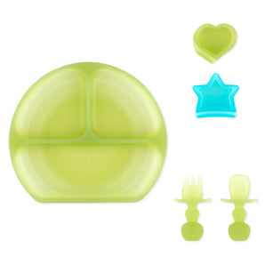 Bumkins Grip Dish Deluxe Infant 5-Piece Mealtime Set: Green Jelly includes a purple silicone dish, toddler utensils, and dipping cups.