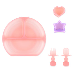 Bumkins Grip Dish Deluxe Infant 5-Piece Mealtime Set: Pink Jelly includes a pink silicone dish, toddler utensils, and dipping cups.