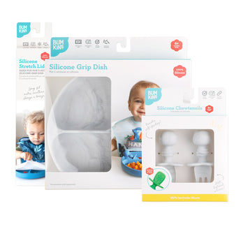 Bumkins Grip Dish Essential Infant 4-Piece Mealtime Set: Marble is shown in its packaging.