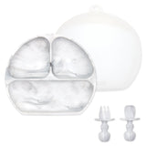 Bumkins Grip Dish Essential Infant 4-Piece Mealtime Set: Marble includes a marble silicone dish, marble toddler utensils, & a transparent lid.