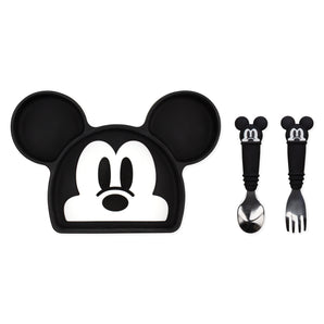 Bumkins Grip Dish Essential 3-Piece Mealtime Set: Disney Mickey Mouse includes a Mickey-shaped silicone plate and two matching utensils.