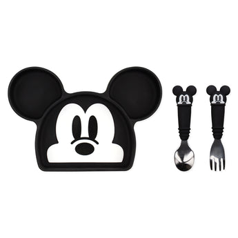 Bumkins Grip Dish Essential 3-Piece Mealtime Set: Disney Mickey Mouse includes a Mickey-shaped silicone plate and two matching utensils.