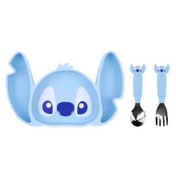 Bumkins Grip Dish Essential 3-Piece Mealtime Set: Disney Stitch includes a Stitch-shaped silicone plate and two matching utensils.