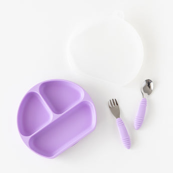 Bumkins Grip Dish Essential Toddler 4-Piece Mealtime Set: Lavender is neatly arranged on a white background.